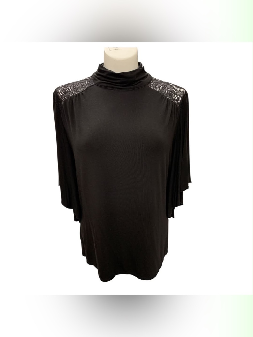Peter Nygard Black Lace-Shoulder Mock Neck Top Size M